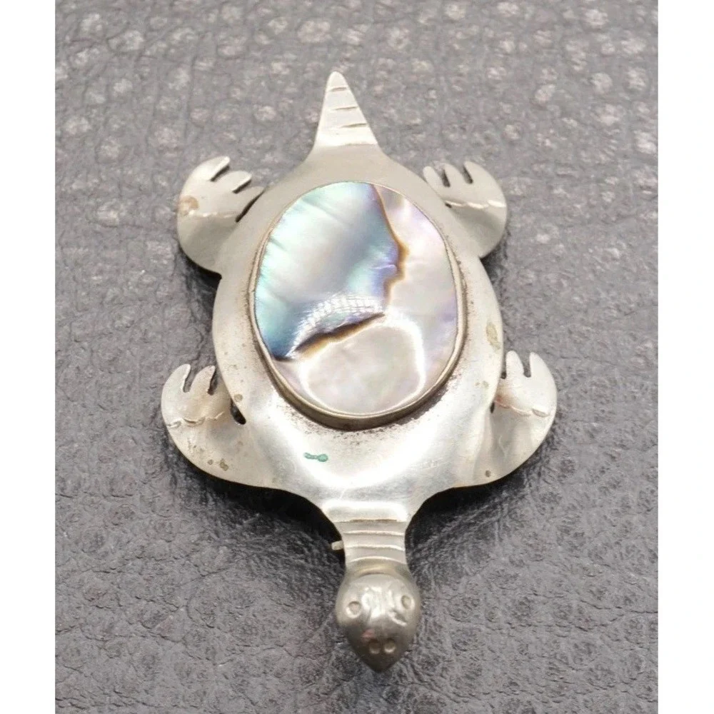 Vintage Turtle Brooch Abalone Shell Inlay Pin Silver Tone Boho